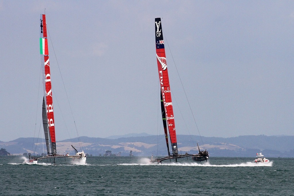 The boats starts to hit top speed on the reach, but aren’t foiling - AC72 Race Practice - Takapuna March 8, 2013 © Richard Gladwell www.photosport.co.nz